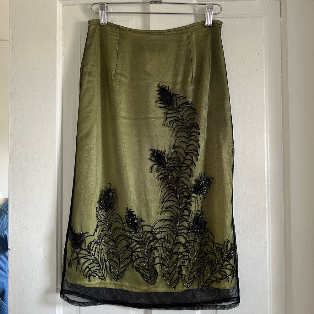 Stunning Sue Wong Beaded Mesh Overlay Green Pencil Skirt